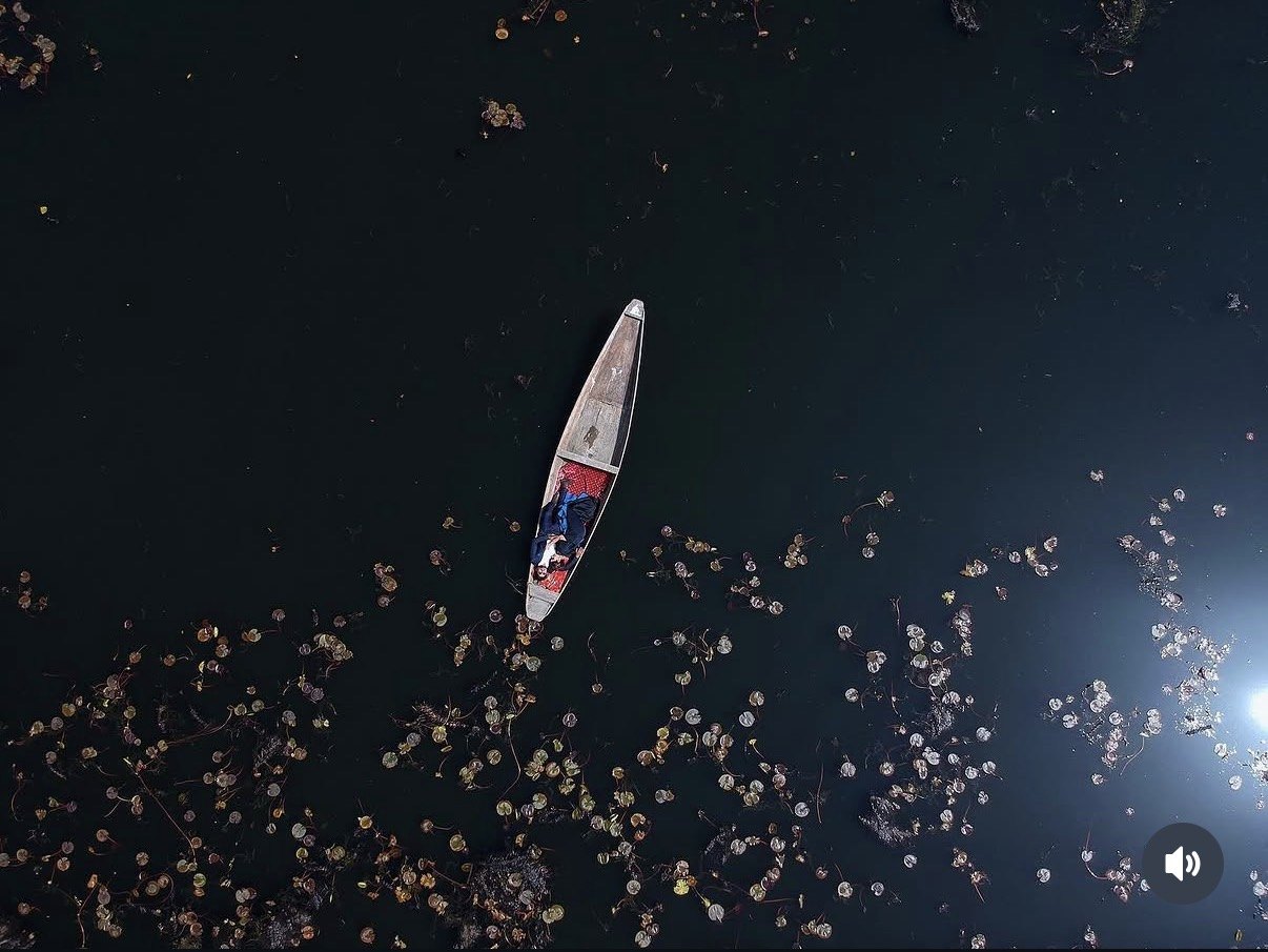 Aerial view of a small boat on dark water